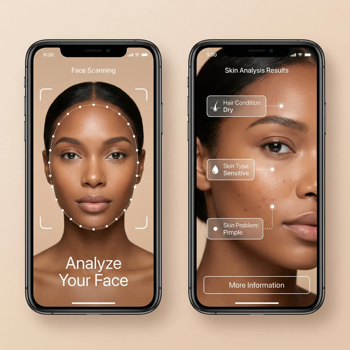 Analyse faciale AI Tokoss — scan du visage et résultats de peau sur deux écrans de smartphone