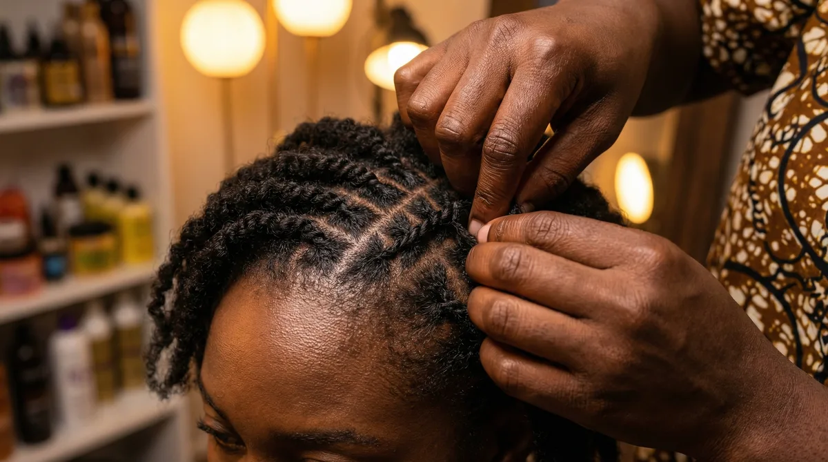 Tresses cornrows en cours de réalisation