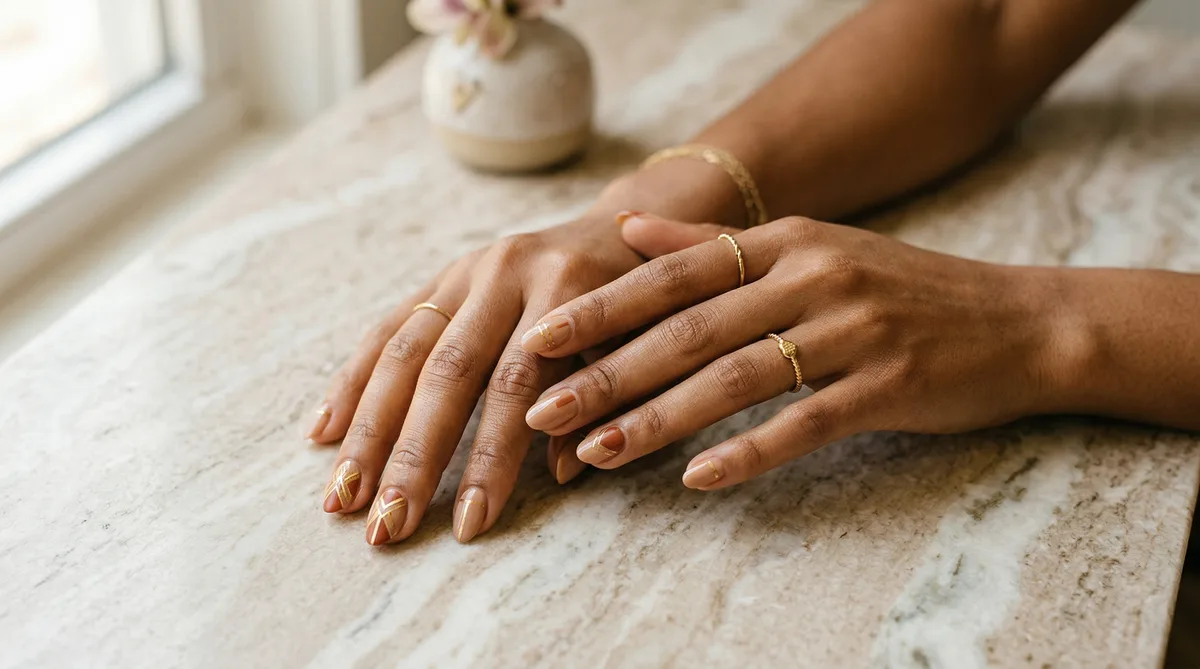 Manucure nail art terracotta et or